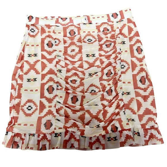 Free People Romi Ruched Mesh Ruffle Hem Skirt Geometric Tribal Print Medium - Picture 2 of 14